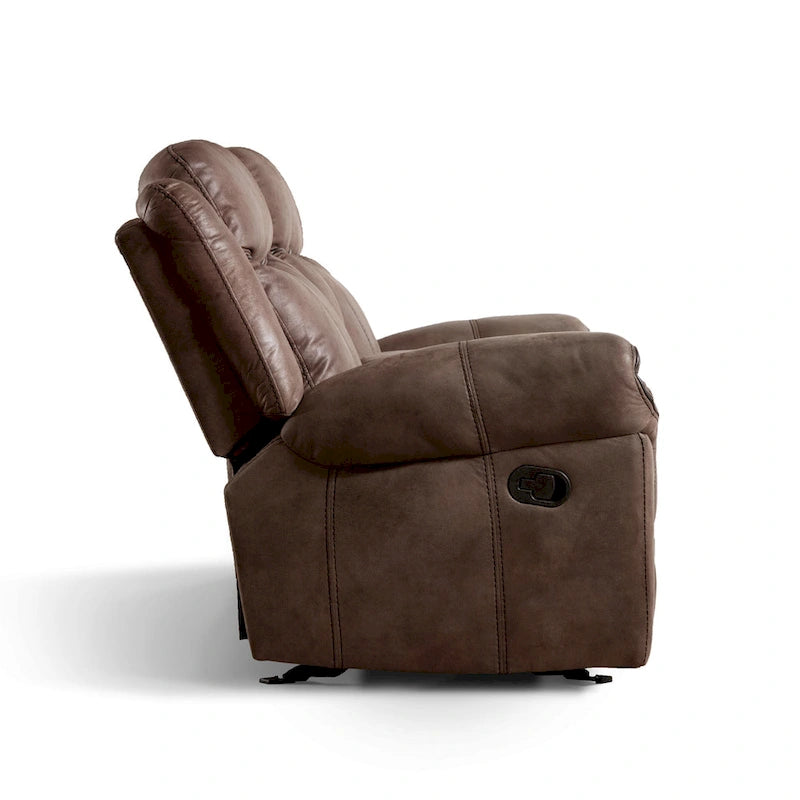Divanetto reclinabile a due posti Verne marrone in microsuede, con dondolo manuale e consolle centrale contenitore
