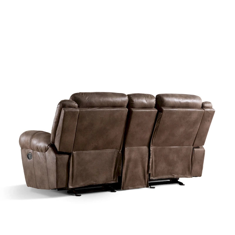 Divanetto reclinabile a due posti Verne marrone in microsuede, con dondolo manuale e consolle centrale contenitore