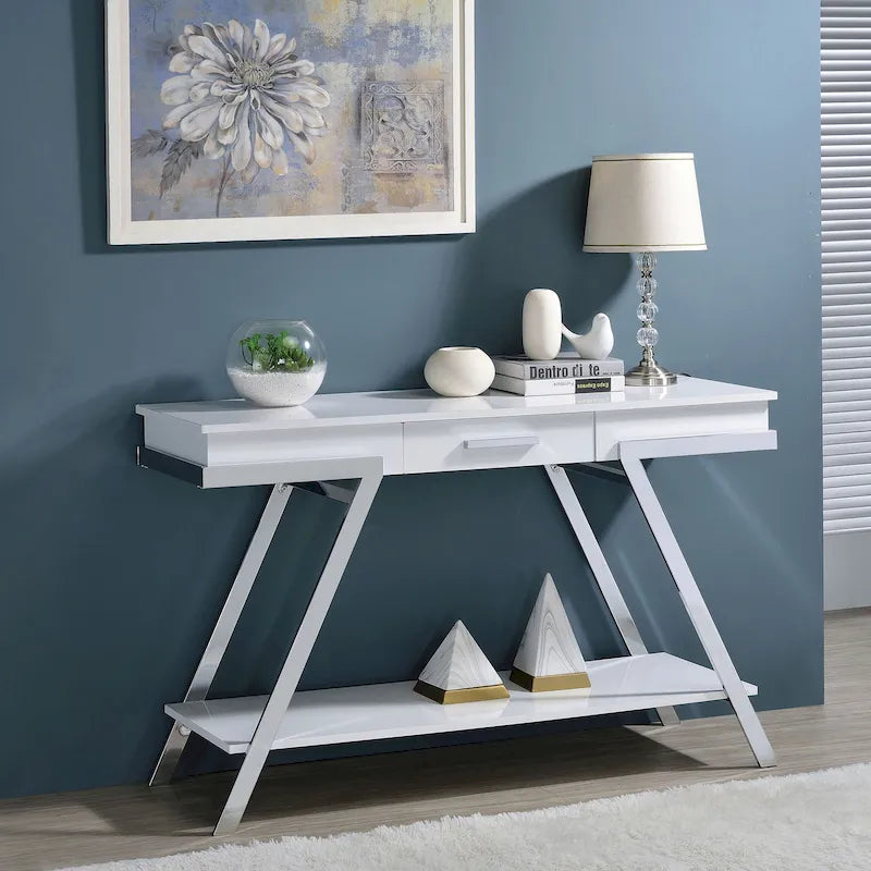 Cas nowoczesny biały stalowy stolik za sofę o długości 48 cali, z 1 szufladą i półką, marki Furniture of America