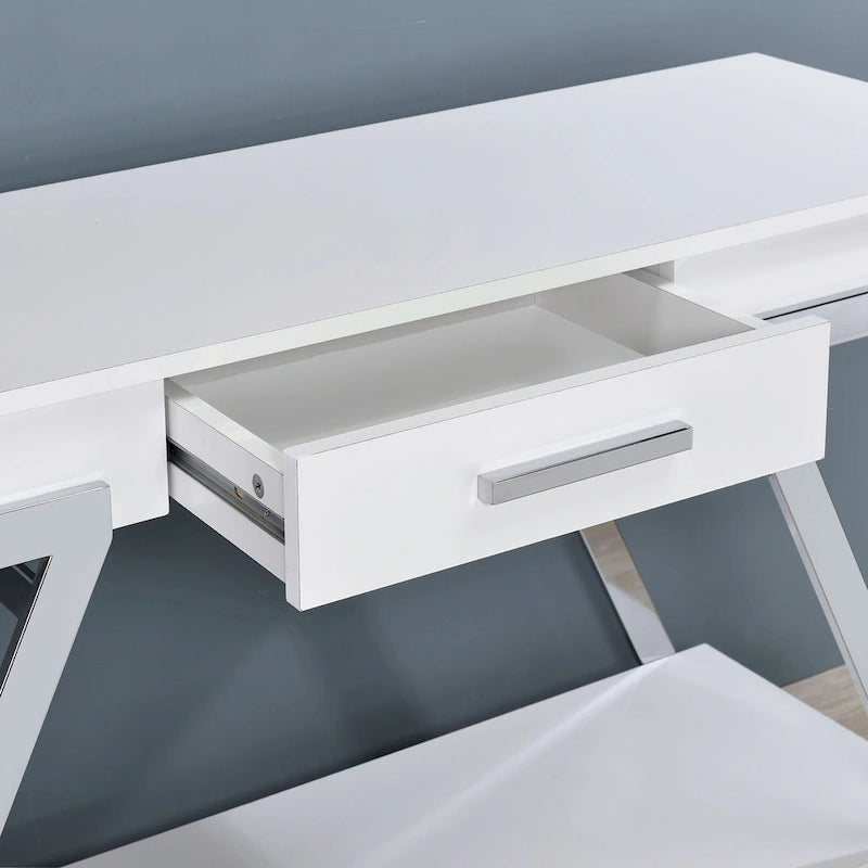 Cas nowoczesny biały stalowy stolik za sofę o długości 48 cali, z 1 szufladą i półką, marki Furniture of America