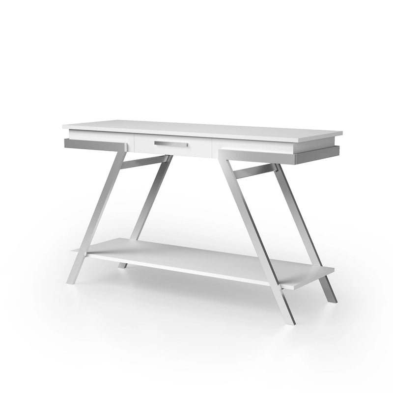 Cas nowoczesny biały stalowy stolik za sofę o długości 48 cali, z 1 szufladą i półką, marki Furniture of America