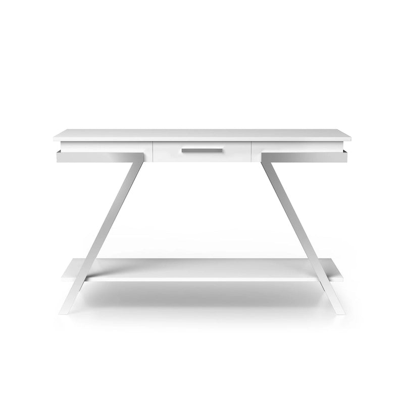 Cas nowoczesny biały stalowy stolik za sofę o długości 48 cali, z 1 szufladą i półką, marki Furniture of America