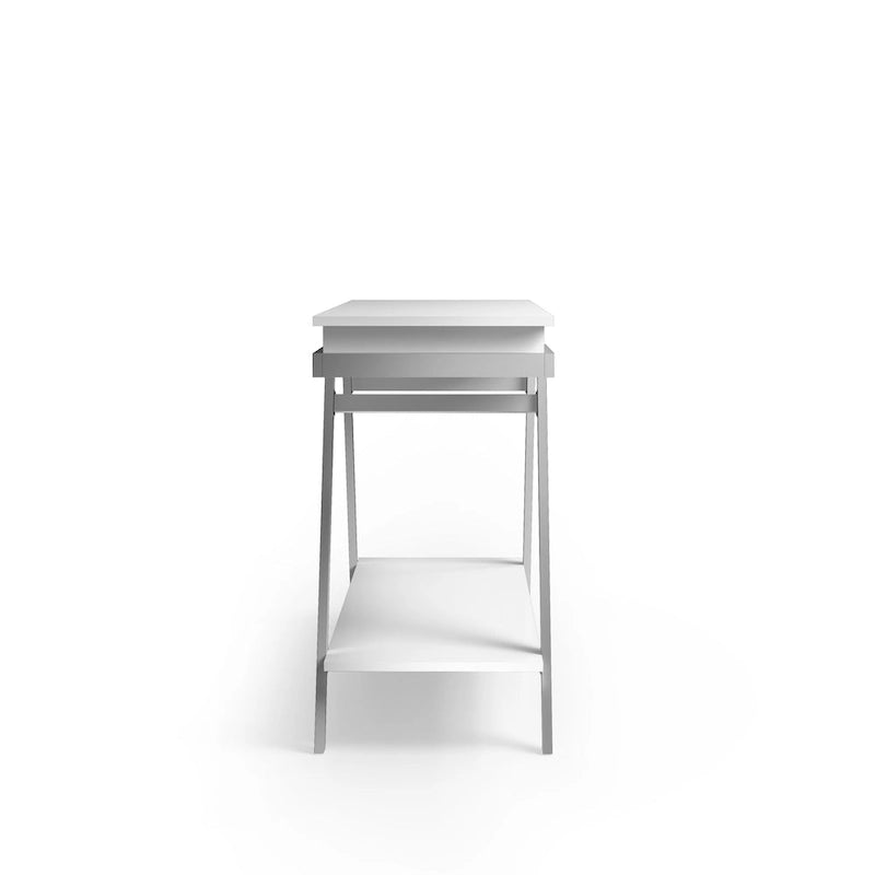 Cas nowoczesny biały stalowy stolik za sofę o długości 48 cali, z 1 szufladą i półką, marki Furniture of America