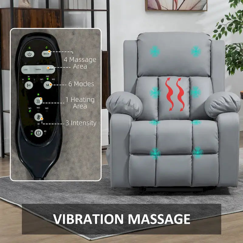 HOMCOM elektrische sta-opstoel, relaxstoel van PU-leer voor ouderen met vibrerende massage, afstandsbediening en zijvakken