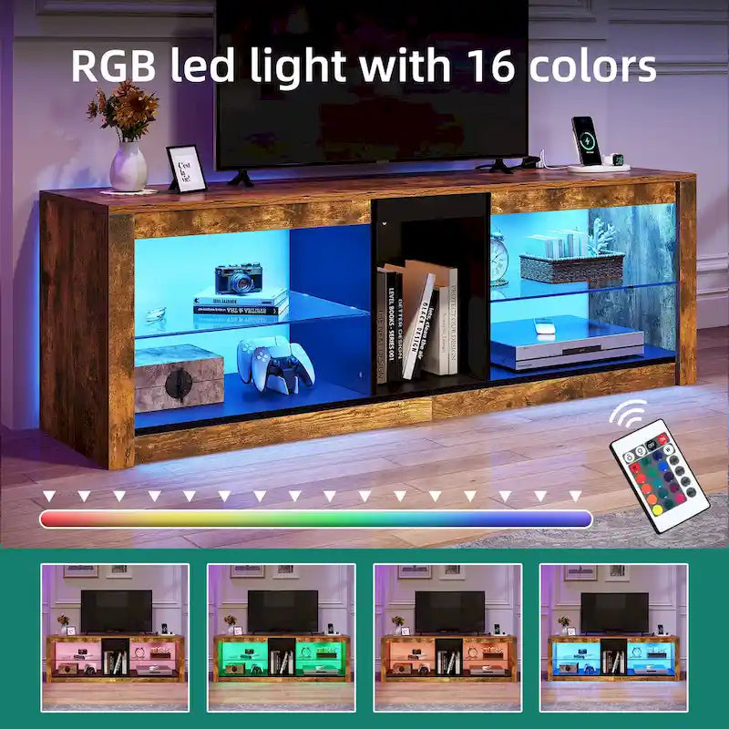 Szafka RTV LED RGB Moasis z gniazdami zasilania do telewizorów o przekątnej do 55/60, centrum rozrywki ze szklanymi półkami