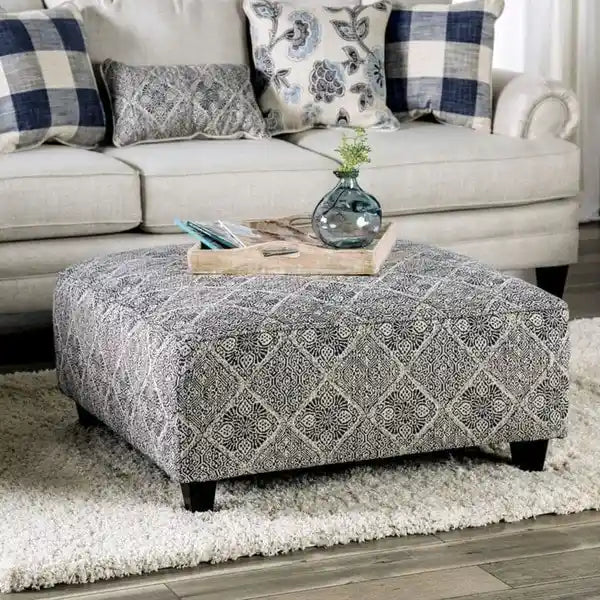 Stormy Transitional Grey Fabric Moroccan Print Cocktail Ottoman by Gracewood Hollow