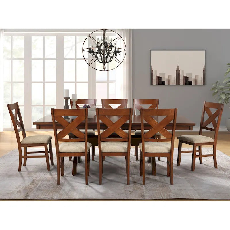 Roundhill Furniture Karven Essgruppe aus Holz mit 9 Teilen, ausziehbarer Esstisch mit Wangengestell und 8 Stühlen, dunkle Haselnussfarbe