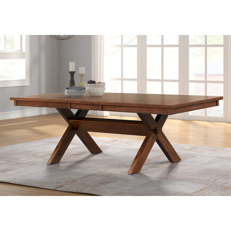 Roundhill Furniture Karven Essgruppe aus Holz mit 9 Teilen, ausziehbarer Esstisch mit Wangengestell und 8 Stühlen, dunkle Haselnussfarbe