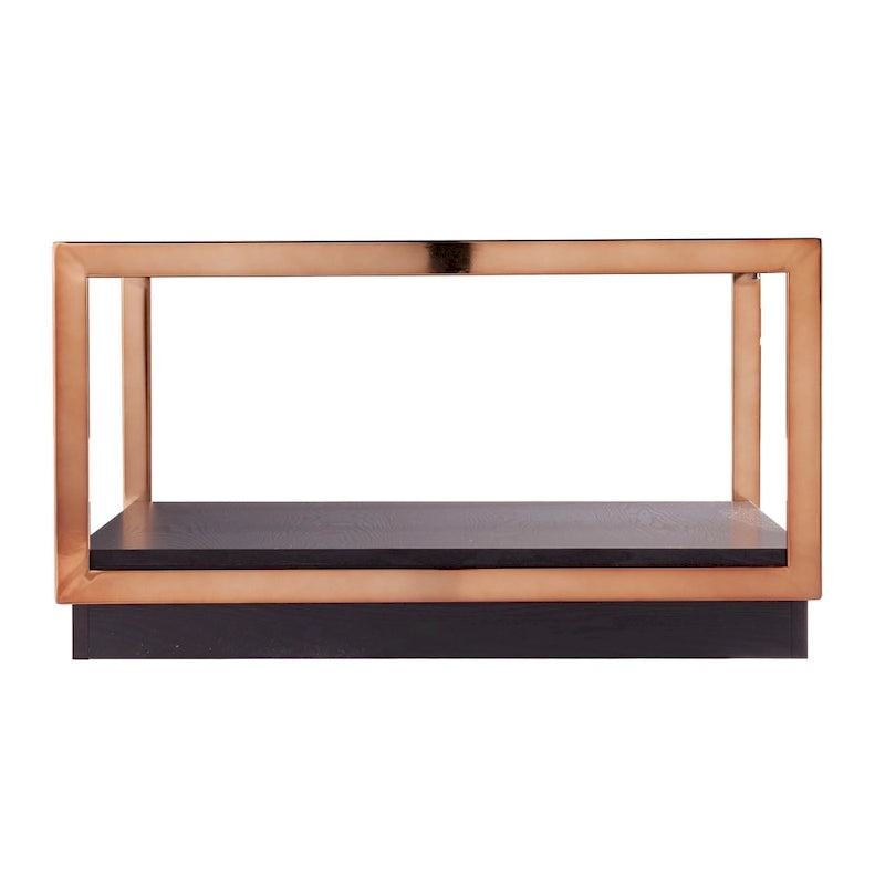 SEI Furniture Luna overgangsstijl vierkante metalen salontafel met glazen blad en houten bodemplank