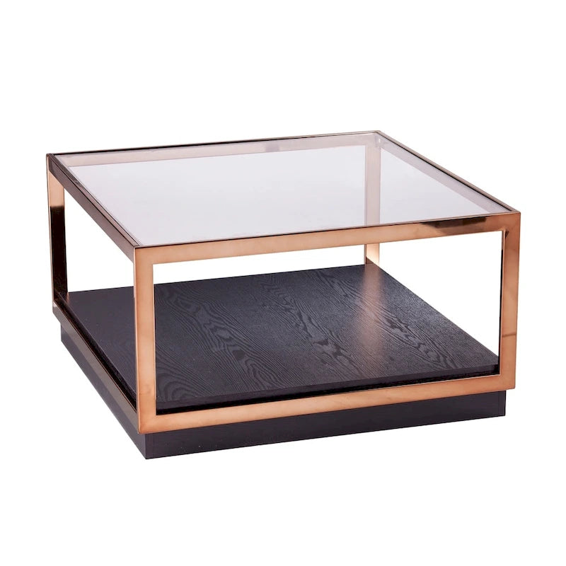 SEI Furniture Luna overgangsstijl vierkante metalen salontafel met glazen blad en houten bodemplank