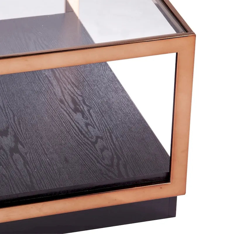 SEI Furniture Luna overgangsstijl vierkante metalen salontafel met glazen blad en houten bodemplank