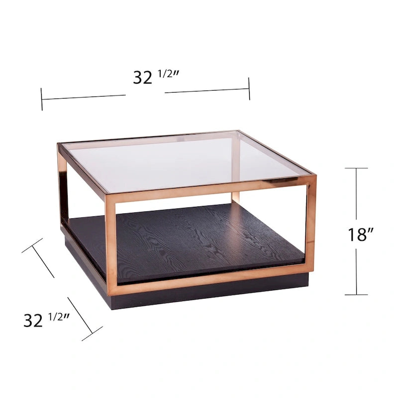 SEI Furniture Luna overgangsstijl vierkante metalen salontafel met glazen blad en houten bodemplank
