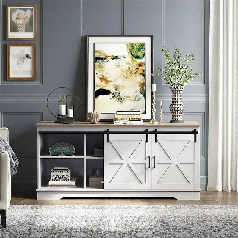 Evelynn TV Stand Sliding Barn Door Farmhouse Wood Entertainment Center for TVs Up to 65 White