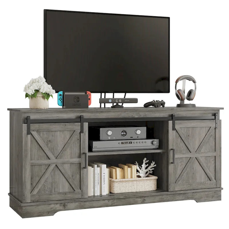 Evelynn TV Stand Sliding Barn Door Farmhouse Wood Entertainment Center for TVs Up to 65 White