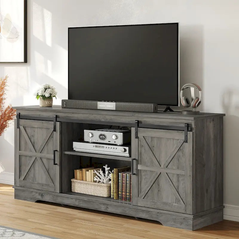 Evelynn TV Stand Sliding Barn Door Farmhouse Wood Entertainment Center for TVs Up to 65 White