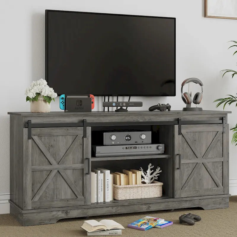 Evelynn TV Stand Sliding Barn Door Farmhouse Wood Entertainment Center for TVs Up to 65 White