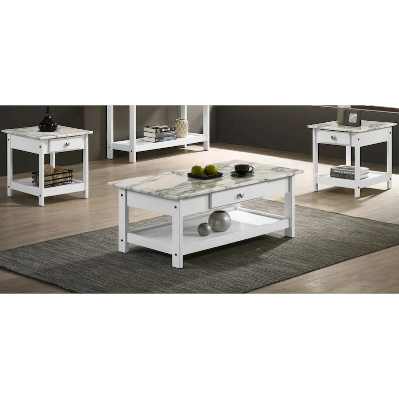 Set di 3 tavolini da caffè e laterali DH BASIC di transizione in legno di gomma con ripiani aperti e cassetto, by Denhour