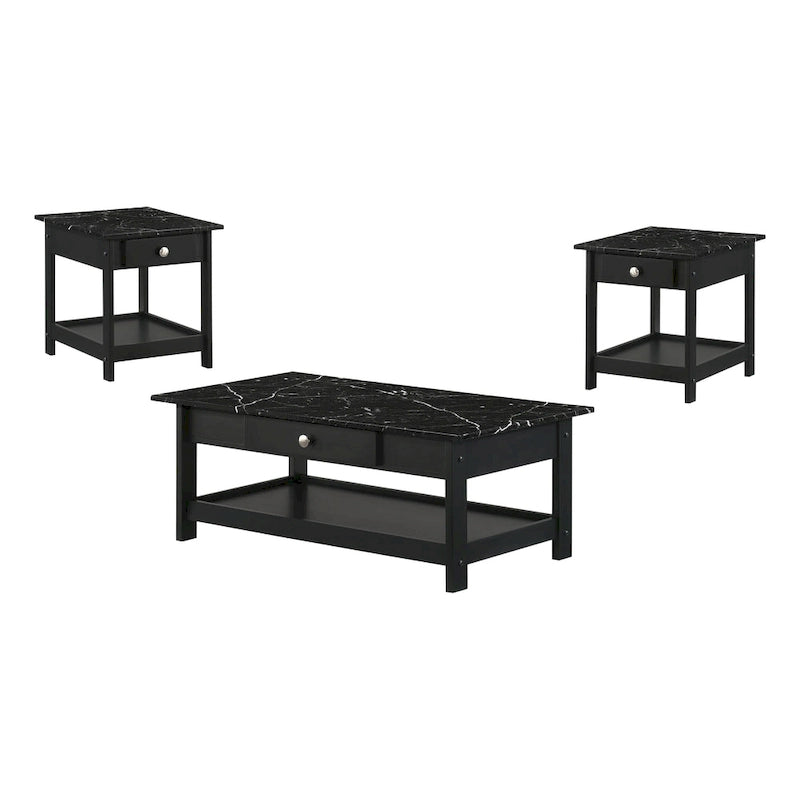 Set di 3 tavolini da caffè e laterali DH BASIC di transizione in legno di gomma con ripiani aperti e cassetto, by Denhour