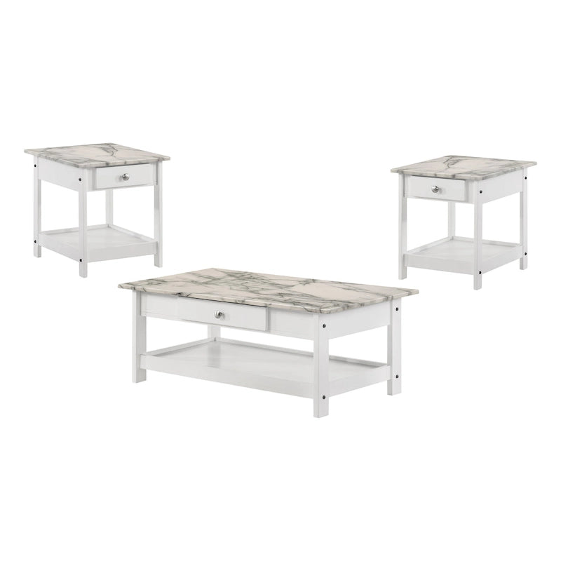 Set di 3 tavolini da caffè e laterali DH BASIC di transizione in legno di gomma con ripiani aperti e cassetto, by Denhour