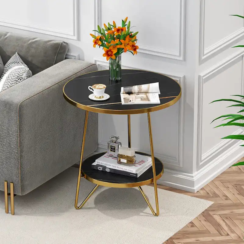 Marmor-Beistelltisch in Gold mit Ablagefächern
