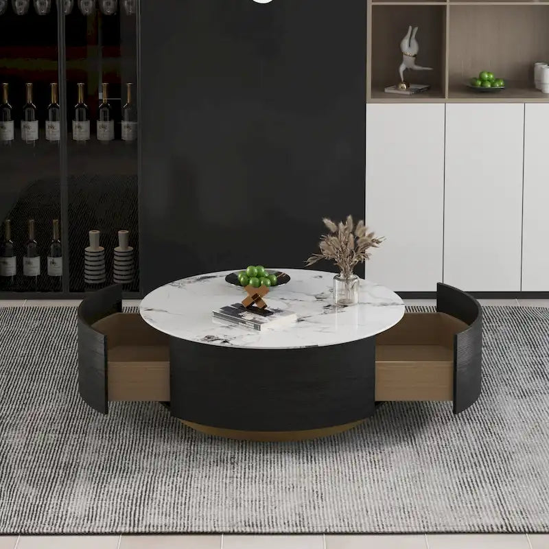 Moderner Trommel-Couchtisch mit Eichenfurnier, Couchtisch aus Sinterstein mit 2 Schubladen aus Massivholz
