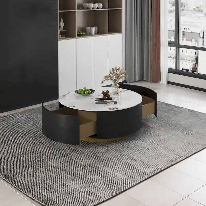 Moderner Trommel-Couchtisch mit Eichenfurnier, Couchtisch aus Sinterstein mit 2 Schubladen aus Massivholz
