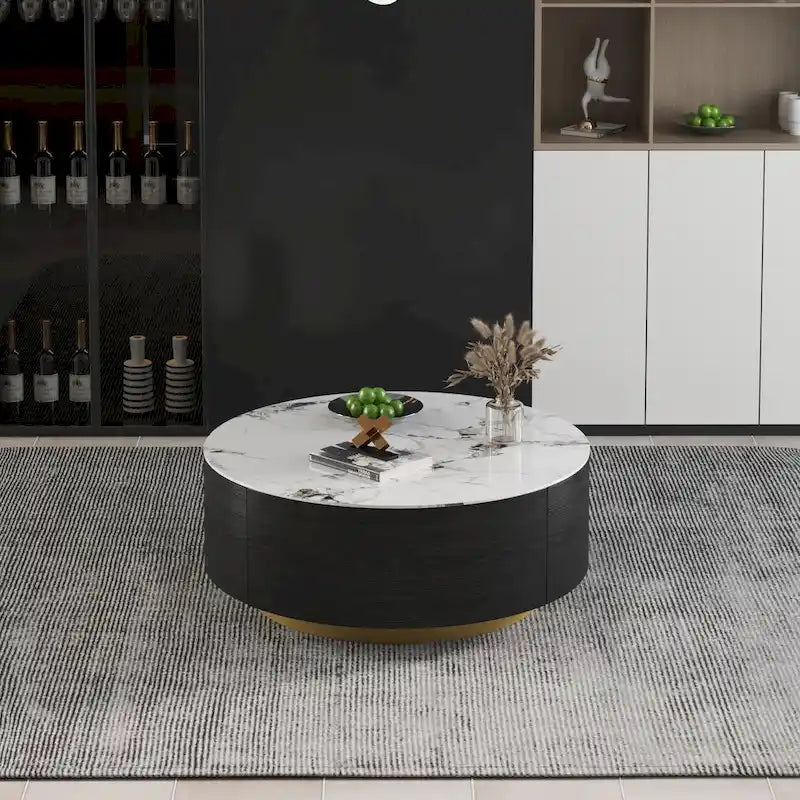 Moderner Trommel-Couchtisch mit Eichenfurnier, Couchtisch aus Sinterstein mit 2 Schubladen aus Massivholz
