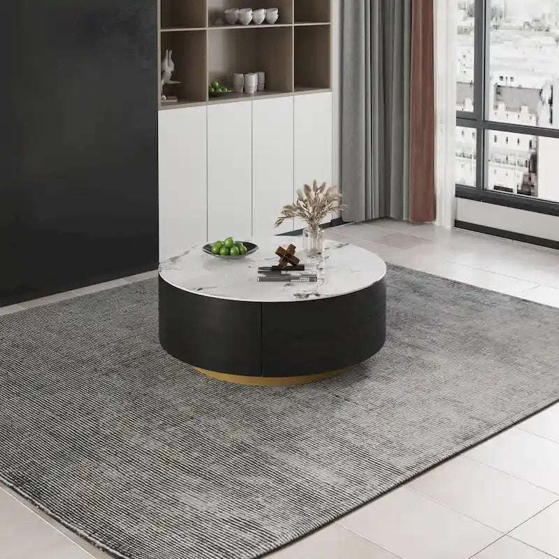 Moderner Trommel-Couchtisch mit Eichenfurnier, Couchtisch aus Sinterstein mit 2 Schubladen aus Massivholz