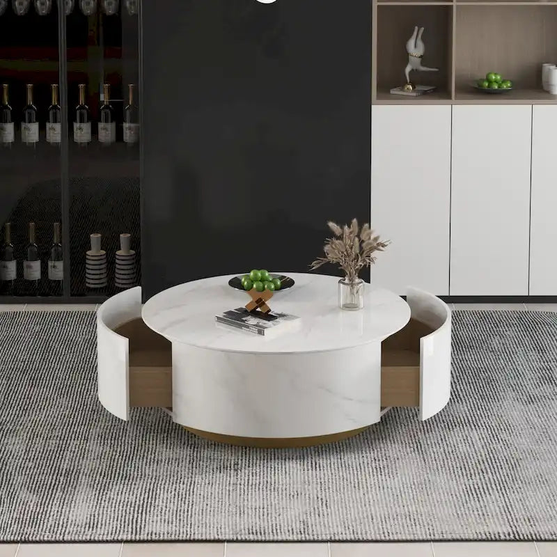 Moderner Trommel-Couchtisch mit Eichenfurnier, Couchtisch aus Sinterstein mit 2 Schubladen aus Massivholz