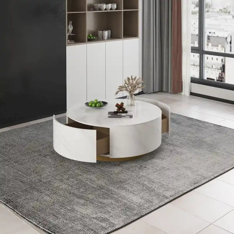 Moderner Trommel-Couchtisch mit Eichenfurnier, Couchtisch aus Sinterstein mit 2 Schubladen aus Massivholz