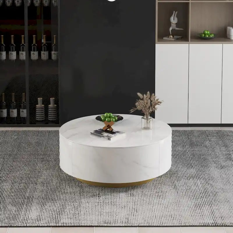 Moderner Trommel-Couchtisch mit Eichenfurnier, Couchtisch aus Sinterstein mit 2 Schubladen aus Massivholz