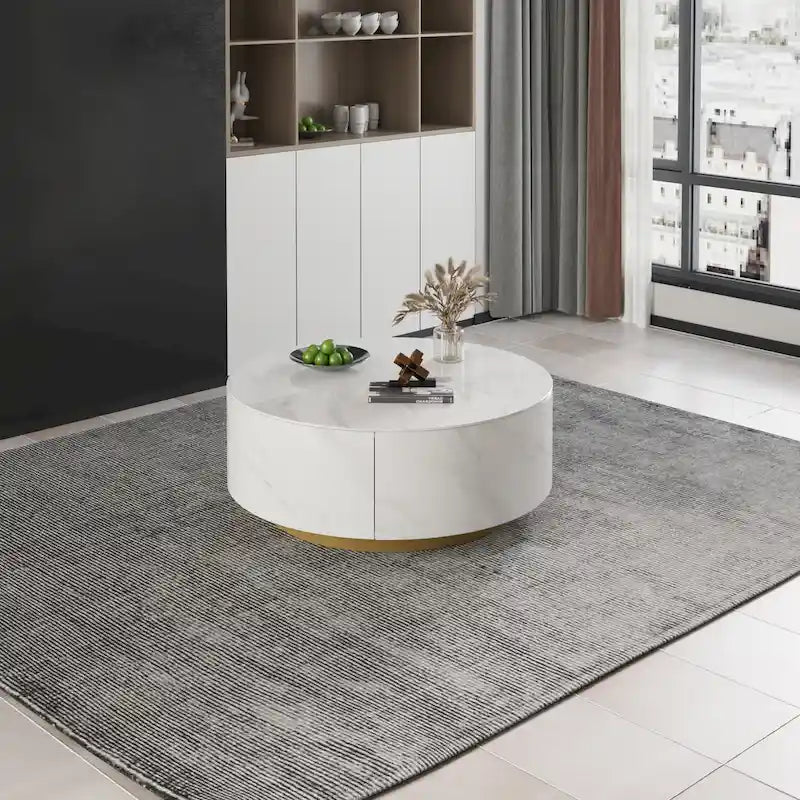 Moderner Trommel-Couchtisch mit Eichenfurnier, Couchtisch aus Sinterstein mit 2 Schubladen aus Massivholz