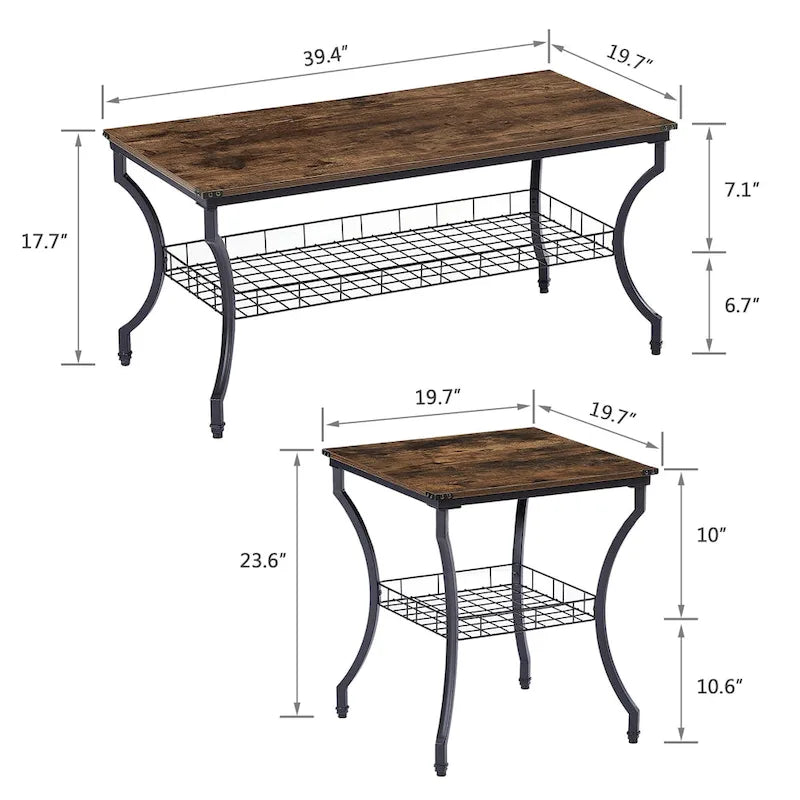 3-delige set bijzettafels, vintage woonkamermeubelset met 2 eindtafels