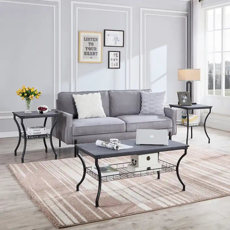 3-delige set bijzettafels, vintage woonkamermeubelset met 2 eindtafels