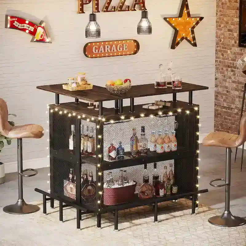 L-shape Home Bar Unit, Liquor Bar Table with 2-Tier Storage - N/A