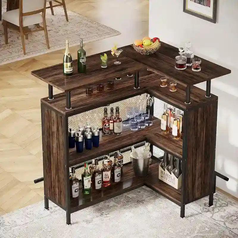 L-shape Home Bar Unit, Liquor Bar Table with 2-Tier Storage - N/A