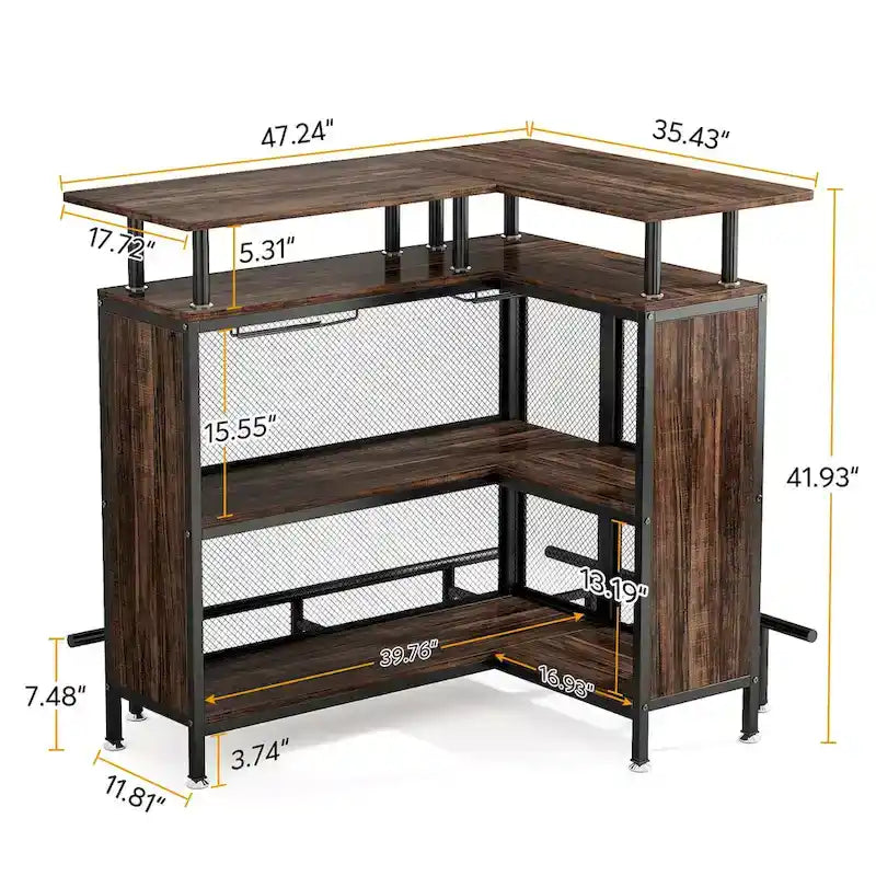 L-shape Home Bar Unit, Liquor Bar Table with 2-Tier Storage - N/A