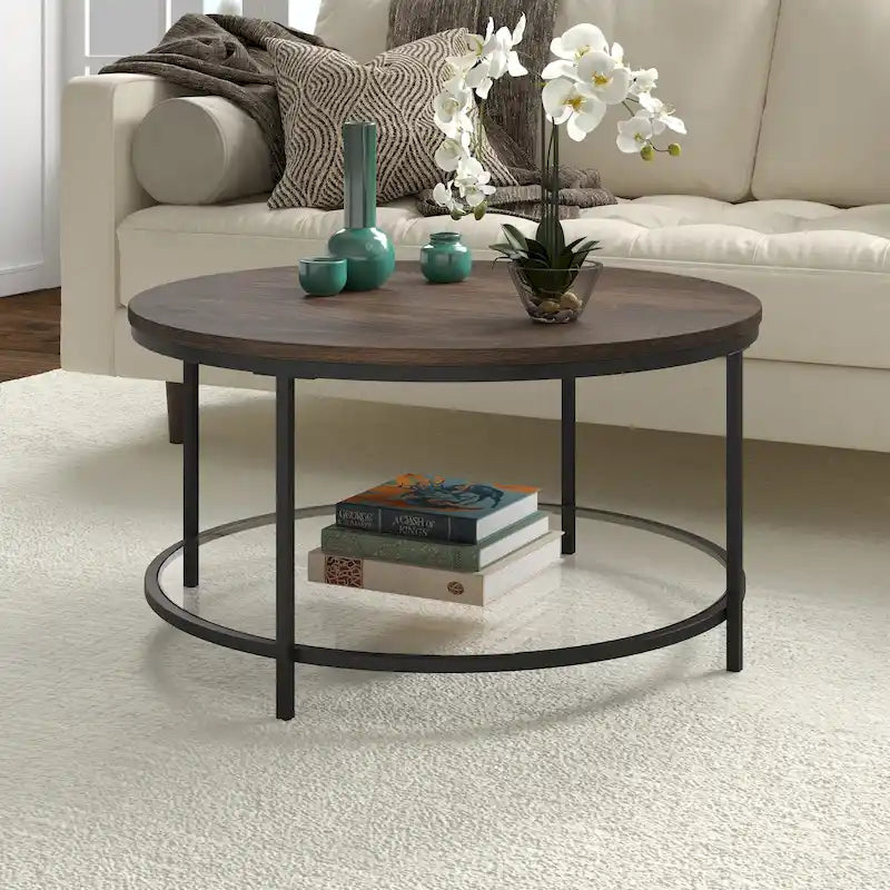 Table basse ronde Sevilla de 32 po de largeur, plateau en MDF et étagère en verre – 32 po de largeur