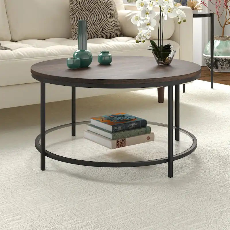 Table basse ronde Sevilla de 32 po de largeur, plateau en MDF et étagère en verre – 32 po de largeur