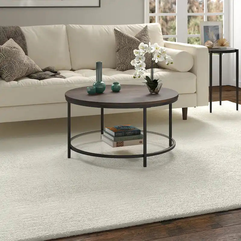 Table basse ronde Sevilla de 32 po de largeur, plateau en MDF et étagère en verre – 32 po de largeur