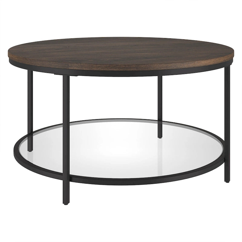 Table basse ronde Sevilla de 32 po de largeur, plateau en MDF et étagère en verre – 32 po de largeur