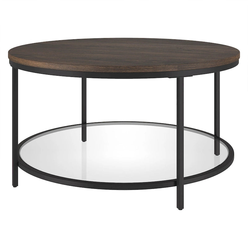 Table basse ronde Sevilla de 32 po de largeur, plateau en MDF et étagère en verre – 32 po de largeur
