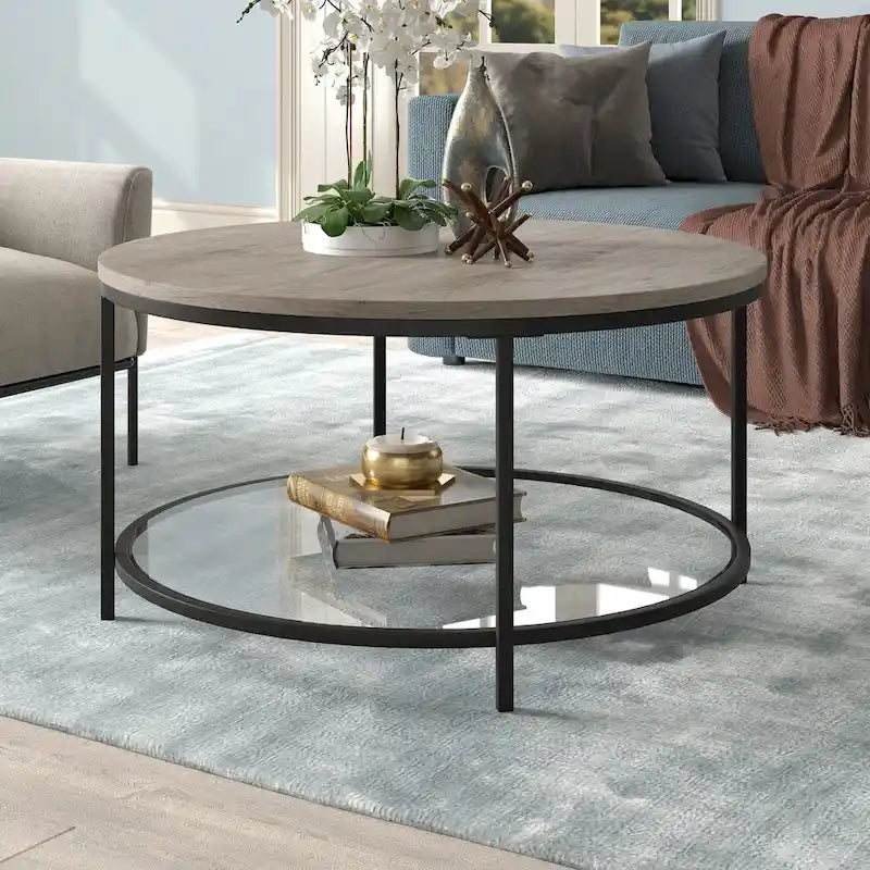 Table basse ronde Sevilla de 32 po de largeur, plateau en MDF et étagère en verre – 32 po de largeur