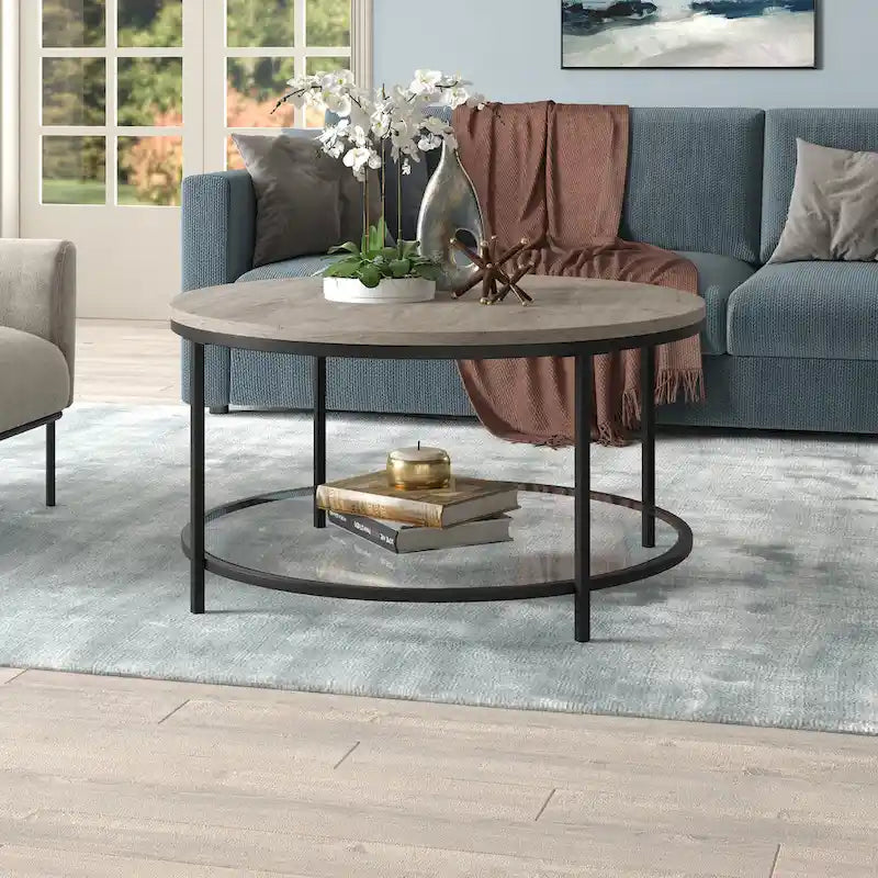 Table basse ronde Sevilla de 32 po de largeur, plateau en MDF et étagère en verre – 32 po de largeur