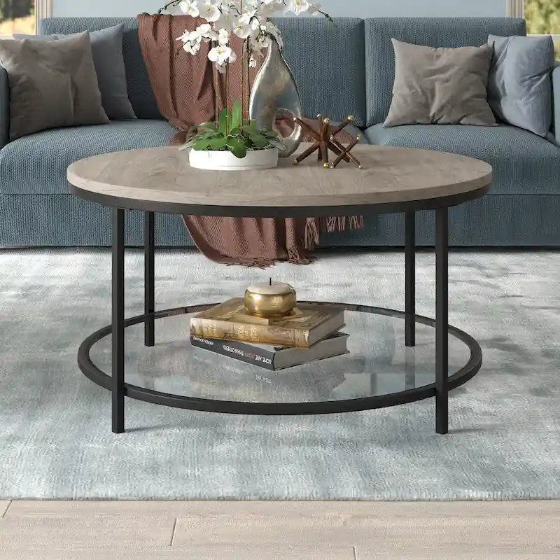 Table basse ronde Sevilla de 32 po de largeur, plateau en MDF et étagère en verre – 32 po de largeur
