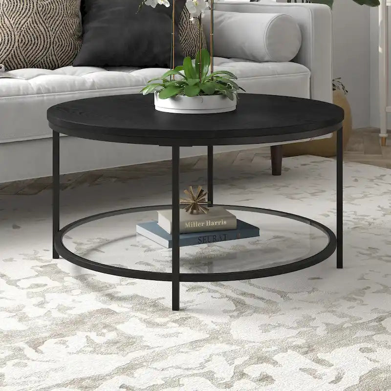 Table basse ronde Sevilla de 32 po de largeur, plateau en MDF et étagère en verre – 32 po de largeur