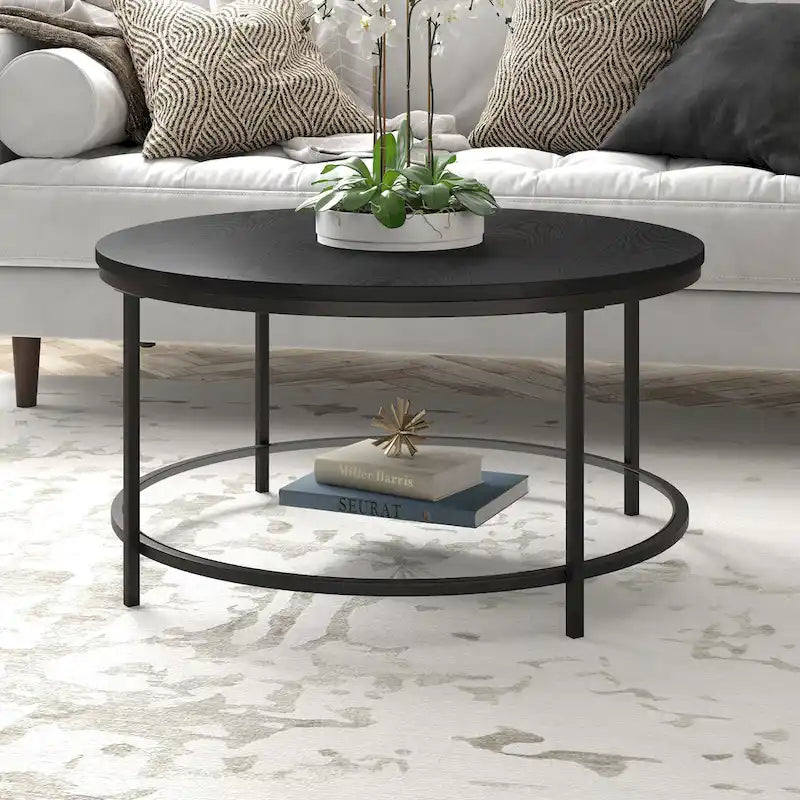 Table basse ronde Sevilla de 32 po de largeur, plateau en MDF et étagère en verre – 32 po de largeur