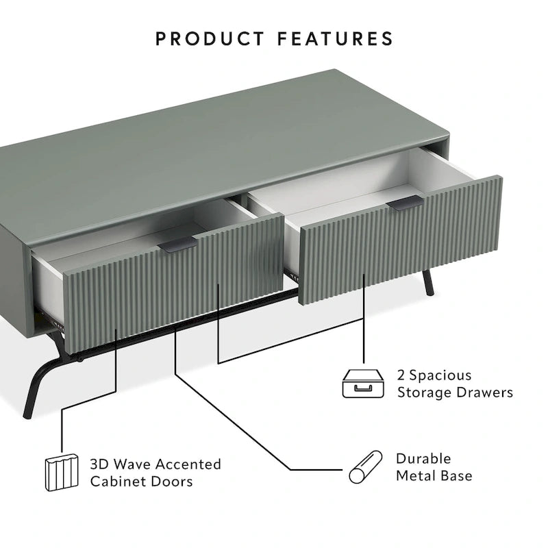 Table basse moderne DH BASIC de 42 pouces à 2 tiroirs avec pieds en métal, par Denhour