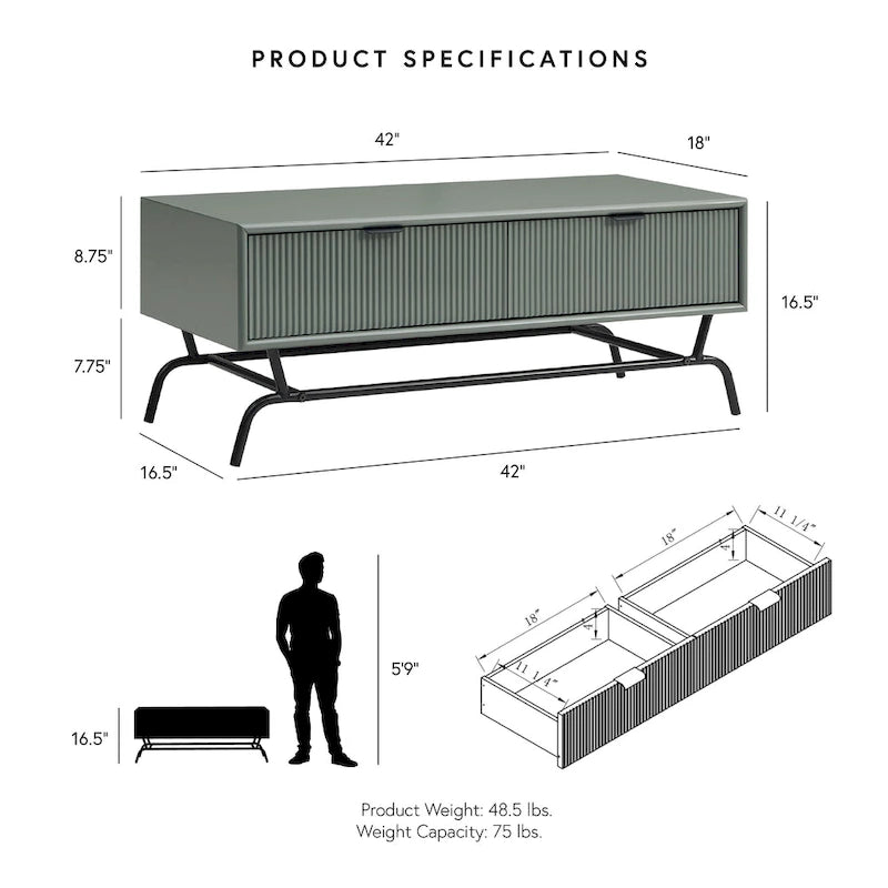 Table basse moderne DH BASIC de 42 pouces à 2 tiroirs avec pieds en métal, par Denhour