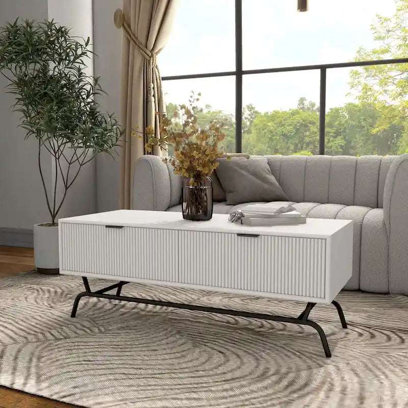 Table basse moderne DH BASIC de 42 pouces à 2 tiroirs avec pieds en métal, par Denhour